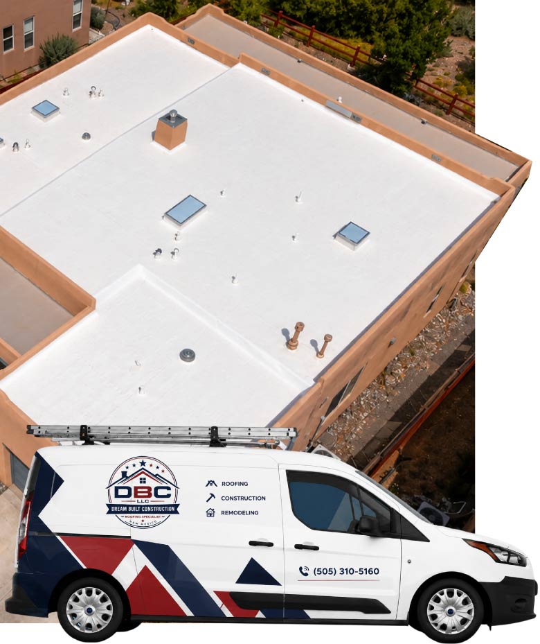 residential roof and a branded truck of dream built construction LLC, the most famous roofing contractor in santa fe, NM