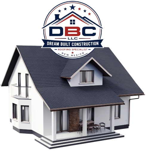 Roof and house in 3d with the logo of dream built contruction llc