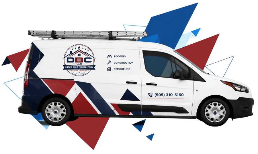 White commercial service van branded with Dream Built Construction LLC logo showing roofing, construction, and remodeling services alongside phone number 505-310-5160 with ladders mounted on top.