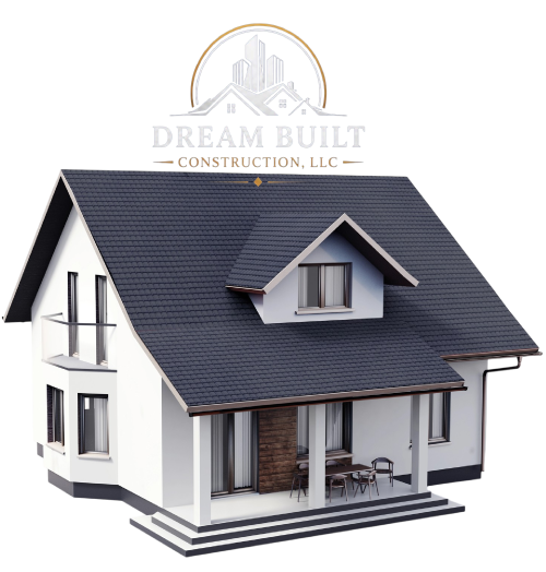 Roof and house in 3d with the logo of dream built contruction llc