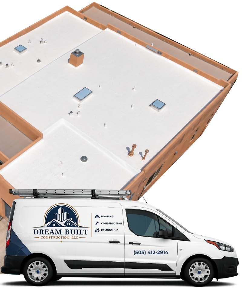 dream built construction branded truck and flat roof 